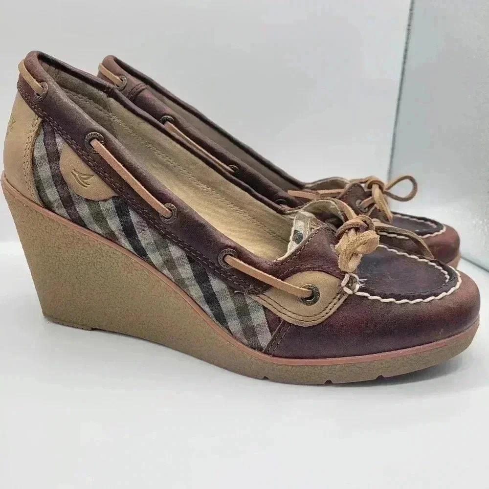 Sperry Top-Sider Wedge Heels Blue Plaid "Goldfish" Size 7.5 M Brown Leather